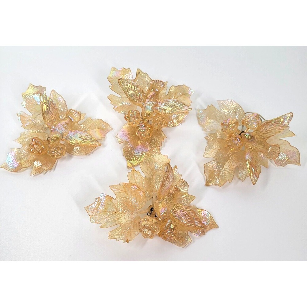Gold Iridescent Christmas 4" Ornaments Lot Birds Berries Leaves Shimmering Shiny